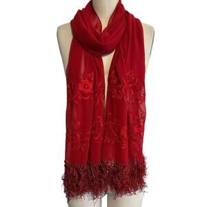 NWT Laura Ashley Red Floral Embroidered Fringe Scarf